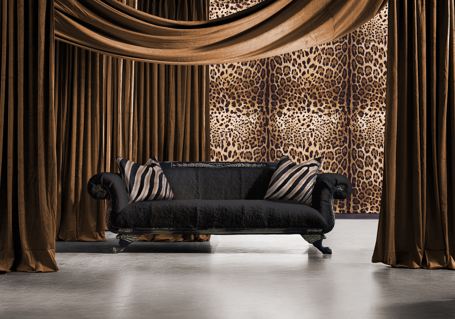 Coco Sheepskin Sofa Black with Duncan Phyfe styling, handcrafted in the USA, Old Hickory Tannery, Unapologetic Luxe Living