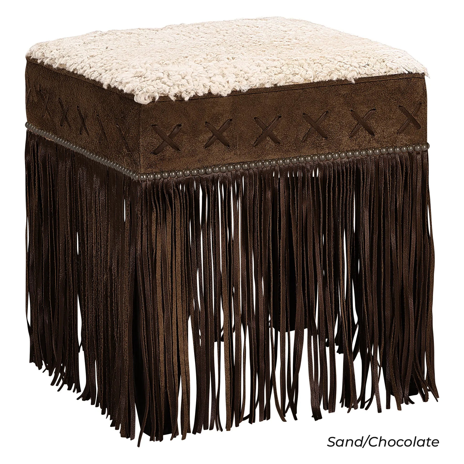 Canyon Ridge Fringe Pouf Ottoman in Sand sheepskin, Chocolate Leather details, leather fringe detail, handcrafted in America by Old Hickory Tannery, UNAPOLOGETIC LUXE LIVING
