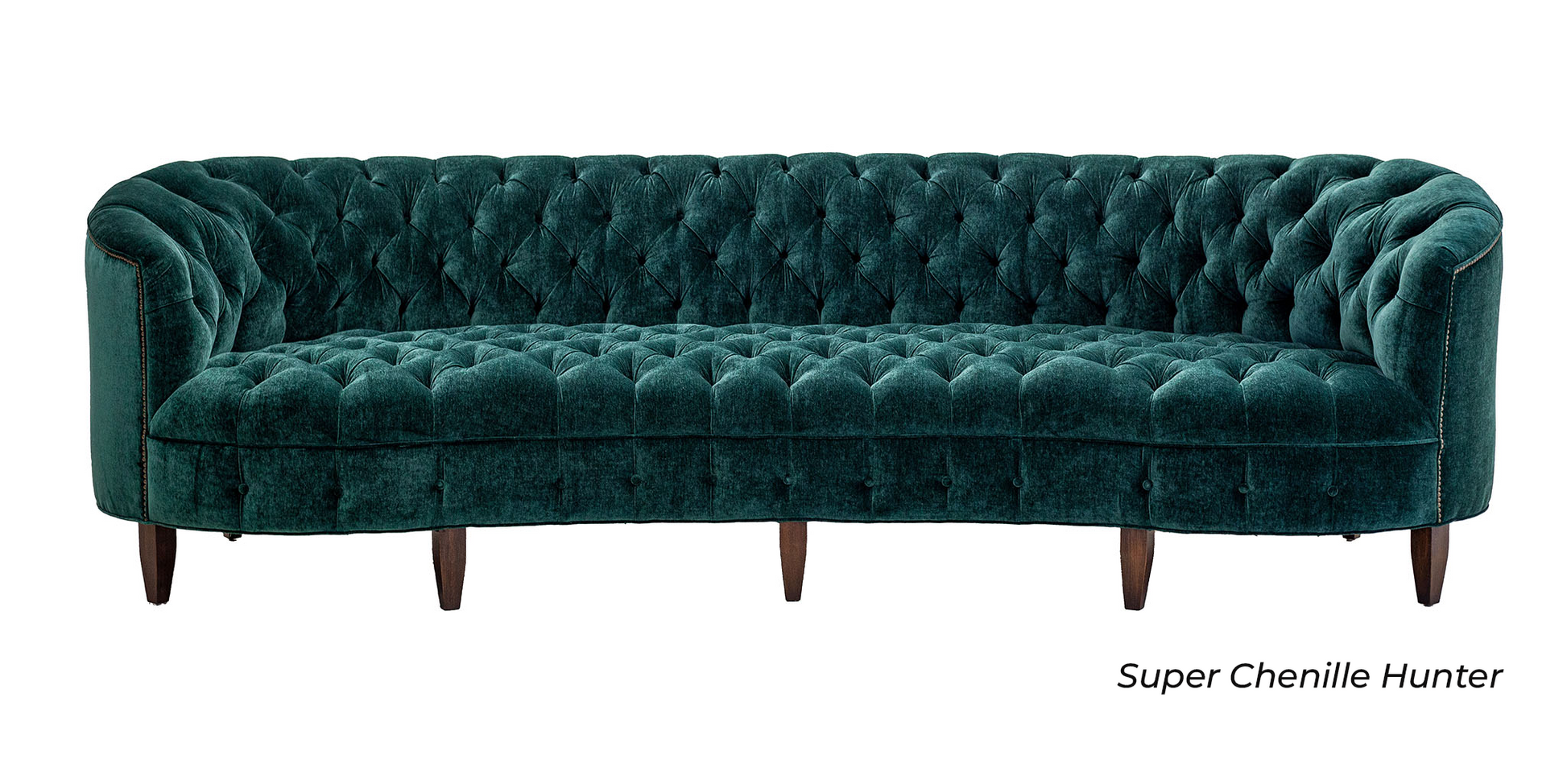 Valentina tufted chenille sofa in Hunter, green, handcrafted in America by Old Hickory Tannery