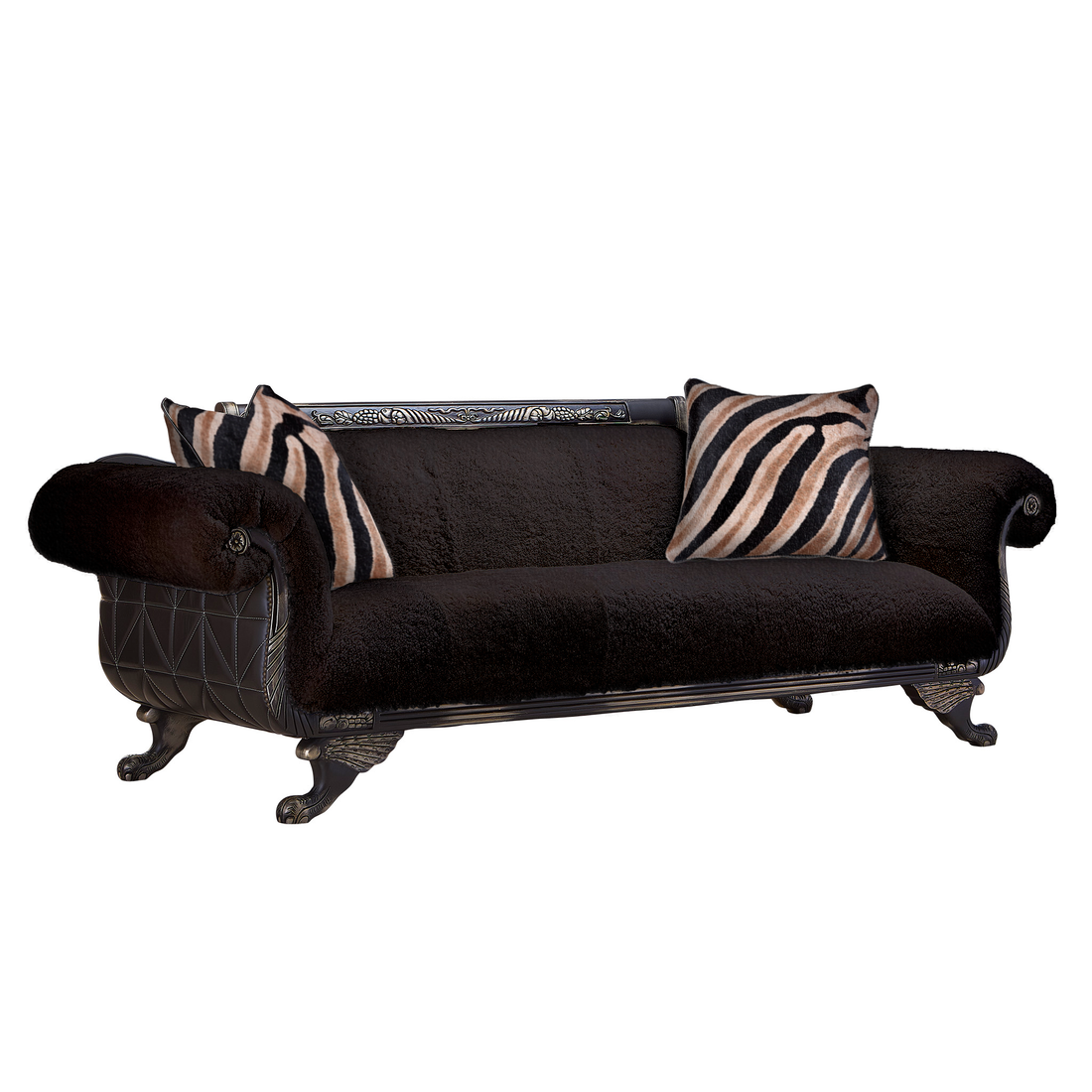 Coco Sheepskin Sofa Black with Duncan Phyfe styling, handcrafted in the USA, Old Hickory Tannery