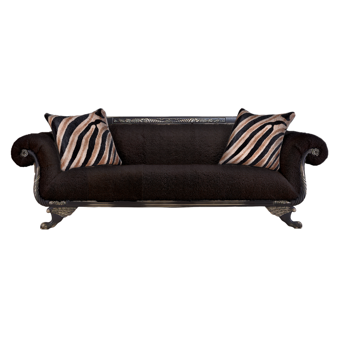 Coco Sheepskin Sofa Black with Duncan Phyfe styling, handcrafted in the USA, Old Hickory Tannery