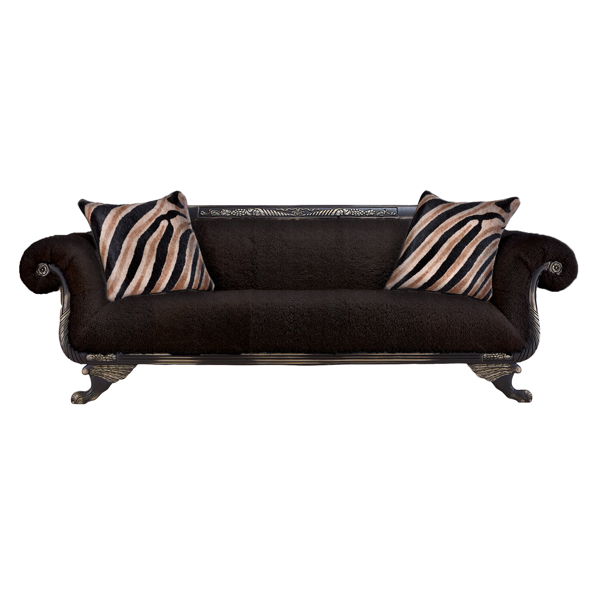 Coco Sheepskin Sofa Black with Duncan Phyfe styling, handcrafted in the USA, Old Hickory Tannery