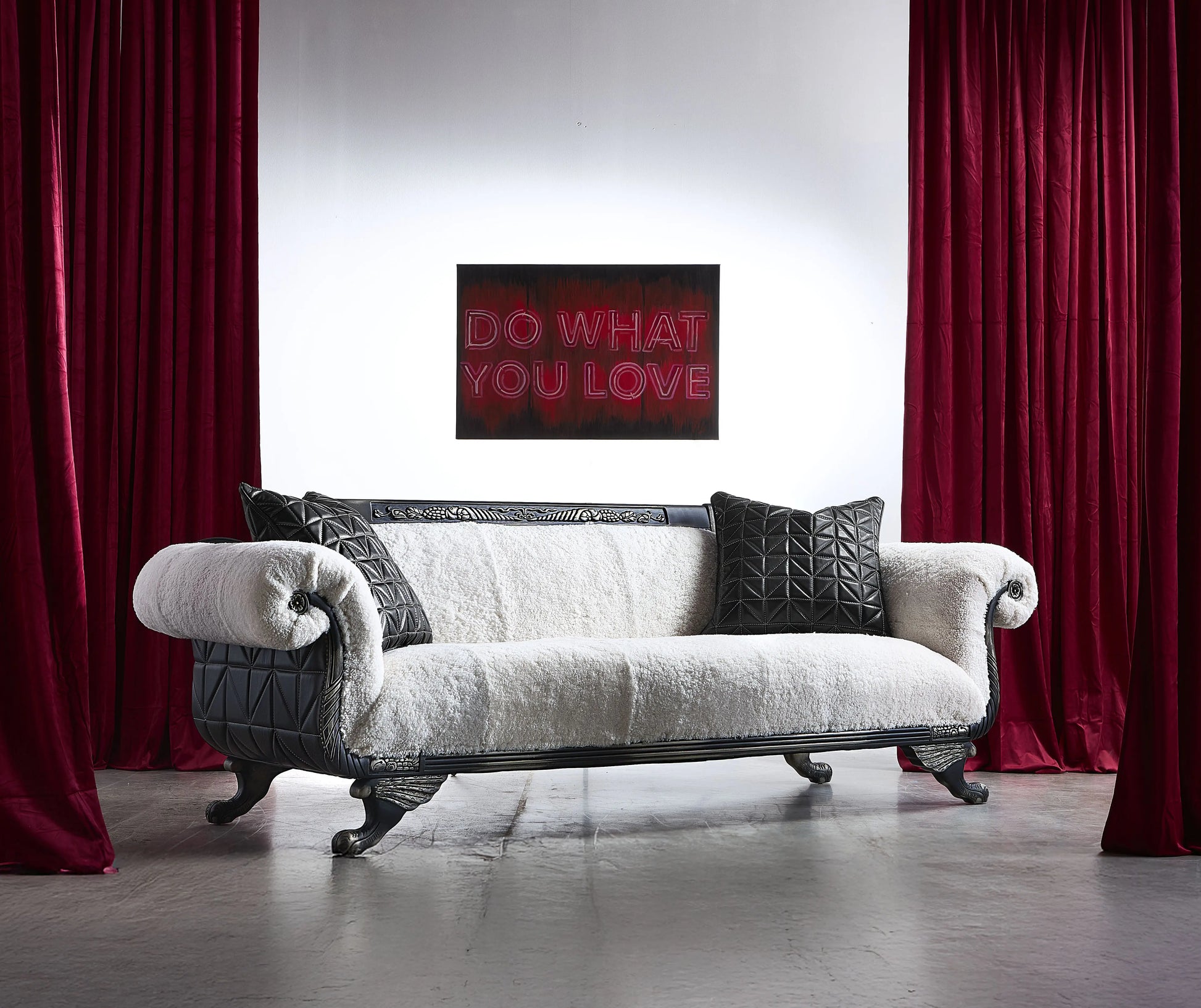 Coco Sheepskin Sofa in white, handcrafted in America by Old Hickory Tannery, Do what you love art, by Ricky Gonzalez