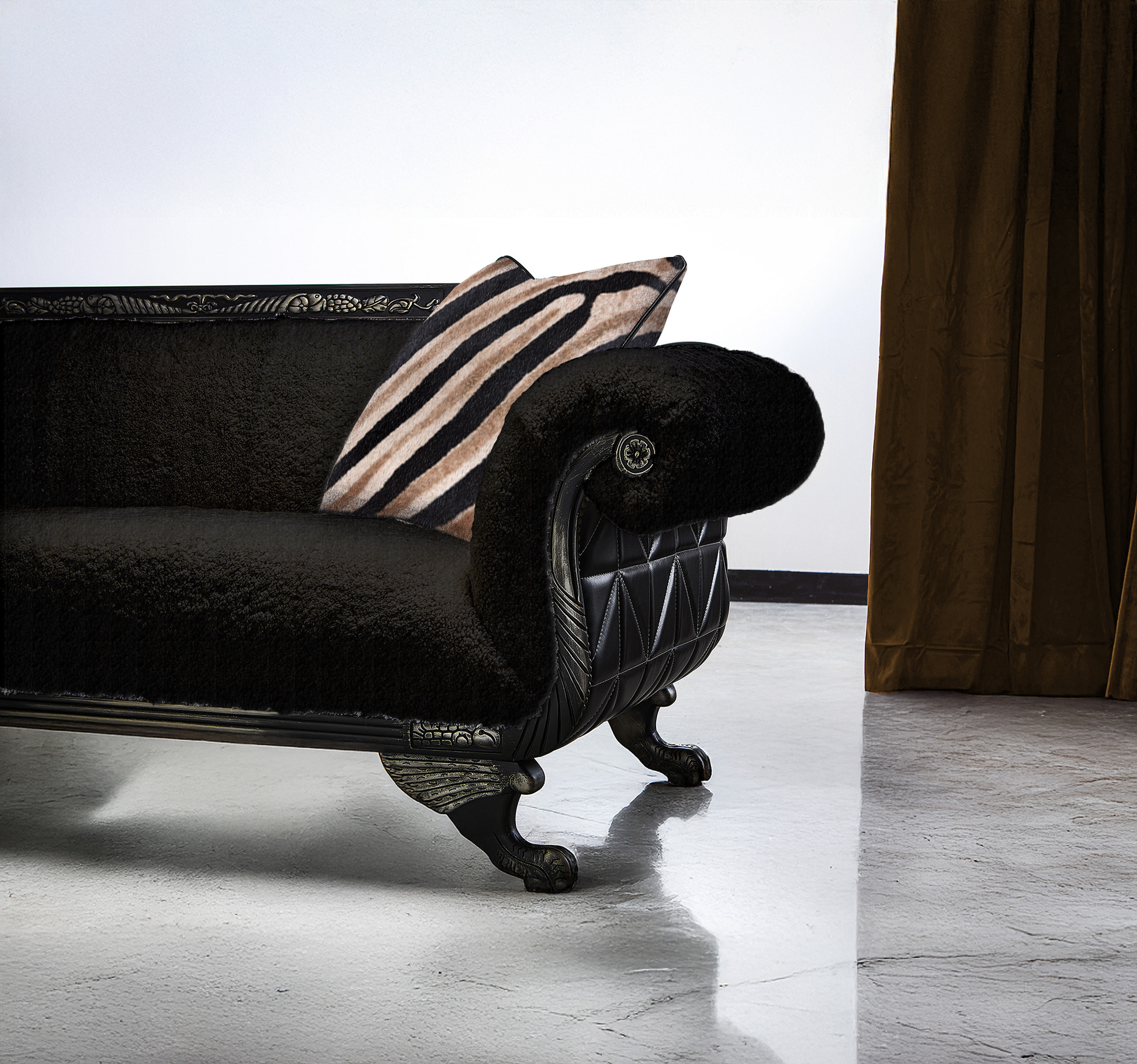 Coco Sheepskin Sofa Black, leather details, handcrafted in the USA, Old Hickory Tannery, Unapologetic Luxe Living