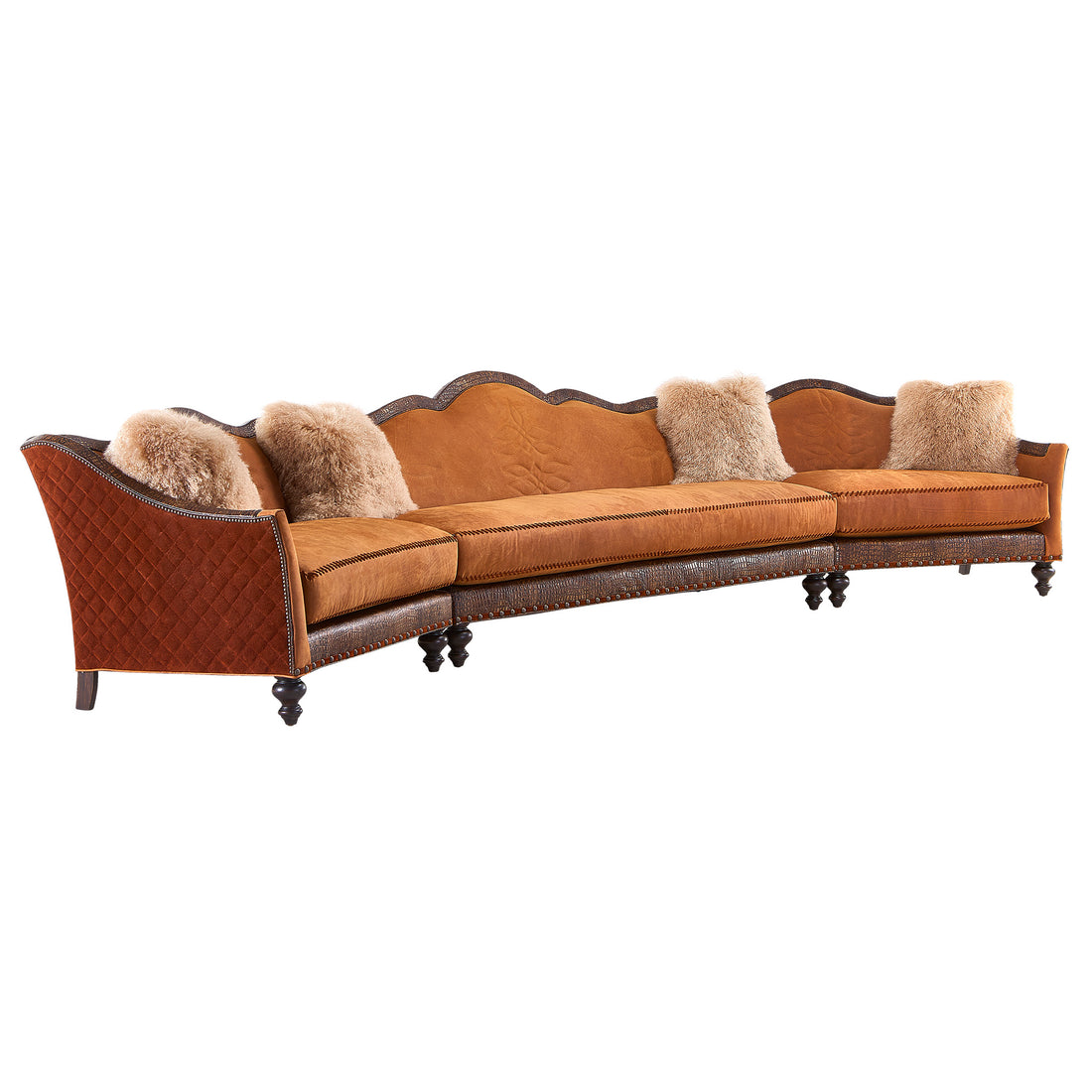Red Rock Mountain three-piece sectional sofa in genuine suede and embossed leather with hand-applied nailhead trim, quilted detailing, and shearling accent pillows, inspired by the American West, handcrafted in America by Old Hickory Tannery