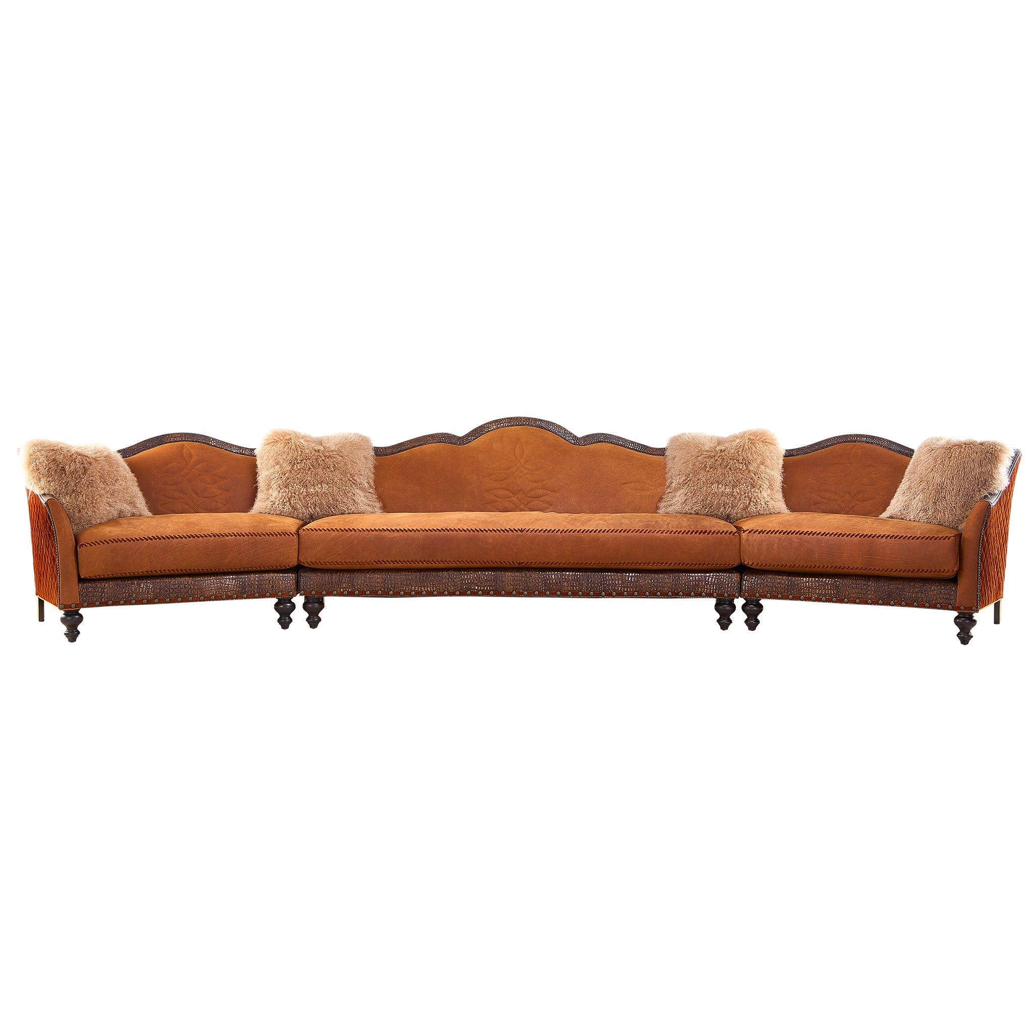Red Rock Mountain three-piece sectional sofa in genuine suede and embossed leather with hand-applied nailhead trim, quilted detailing, and shearling accent pillows, inspired by the American West, handcrafted in America by Old Hickory Tannery