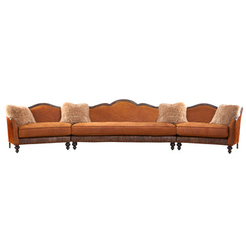 Red Rock Mountain three-piece sectional sofa in genuine suede and embossed leather with hand-applied nailhead trim, quilted detailing, and shearling accent pillows, inspired by the American West, handcrafted in America by Old Hickory Tannery