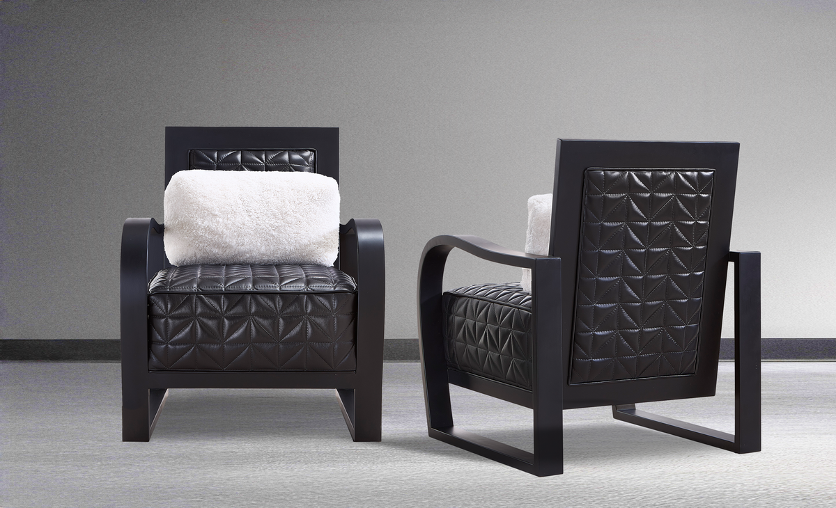 Chantel Chair features quilted black leather and a white fur pillow,  handcrafted in America, by Old Hickory Tannery