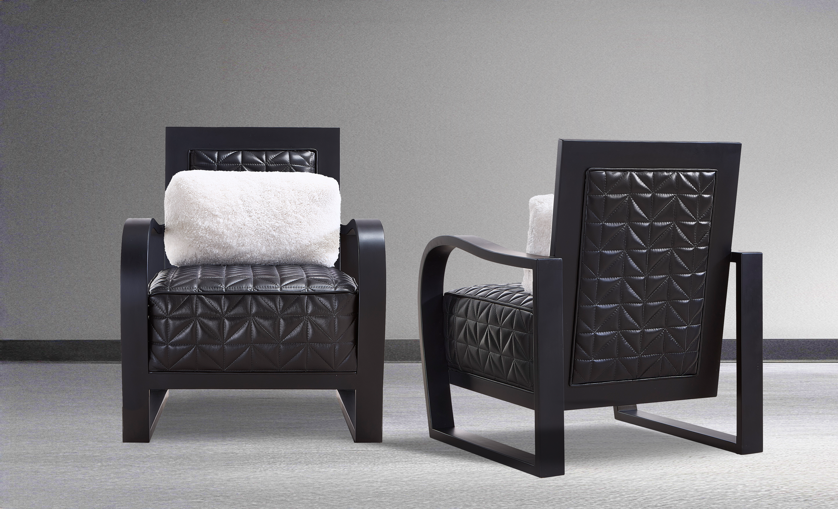 Chantel Chair features quilted black leather and a white fur pillow,  handcrafted in America, by Old Hickory Tannery