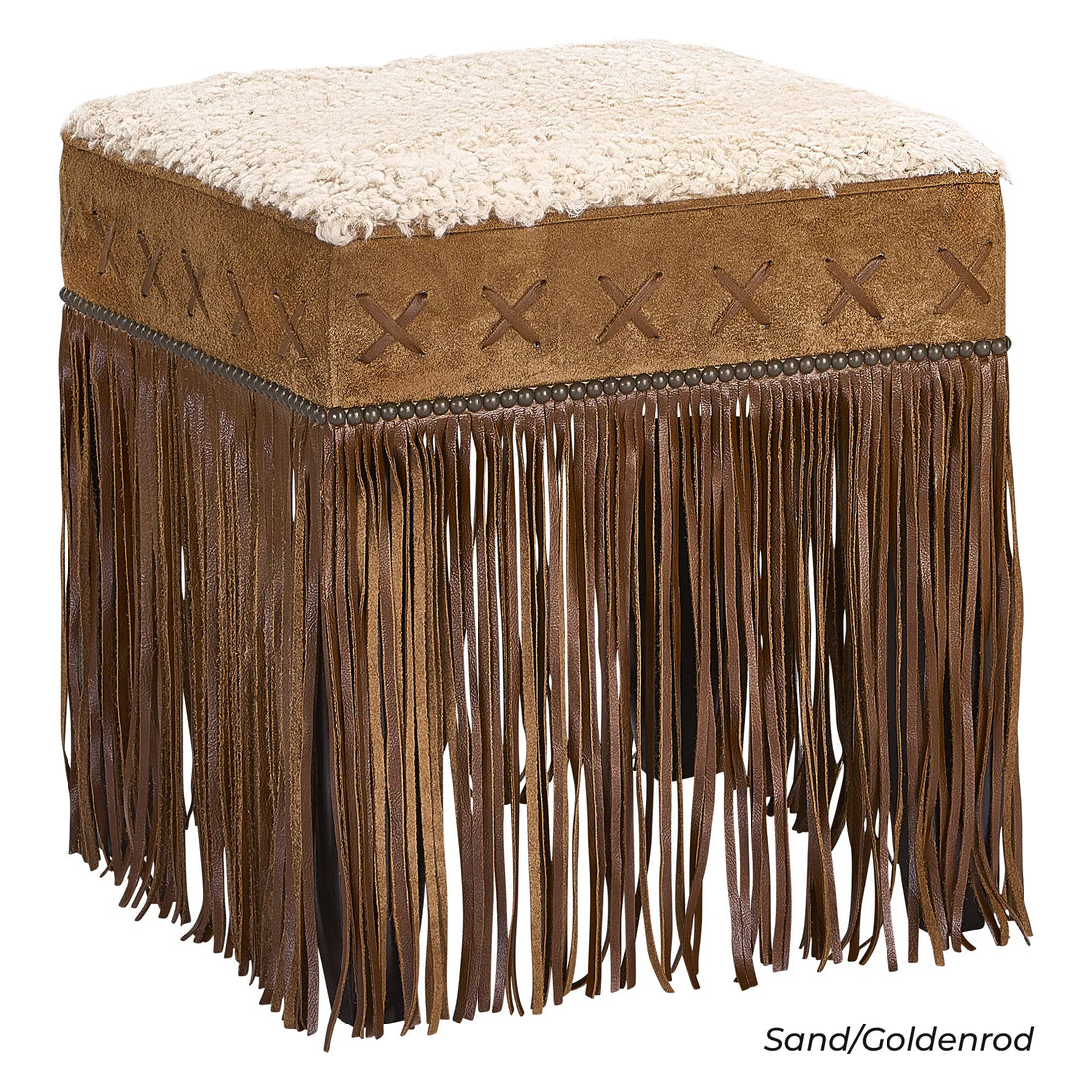 Canyon Ridge Fringe Pouf Ottoman in Sand sheepskin, Goldenrod Leather details, leather fringe detail, handcrafted in America by Old Hickory Tannery, UNAPOLOGETIC LUXE LIVING