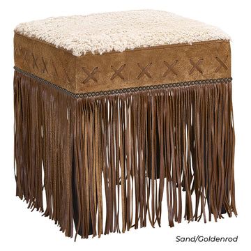 Canyon Ridge Fringe Pouf Ottoman in Sand sheepskin, Goldenrod Leather details, leather fringe detail, handcrafted in America by Old Hickory Tannery, UNAPOLOGETIC LUXE LIVING
