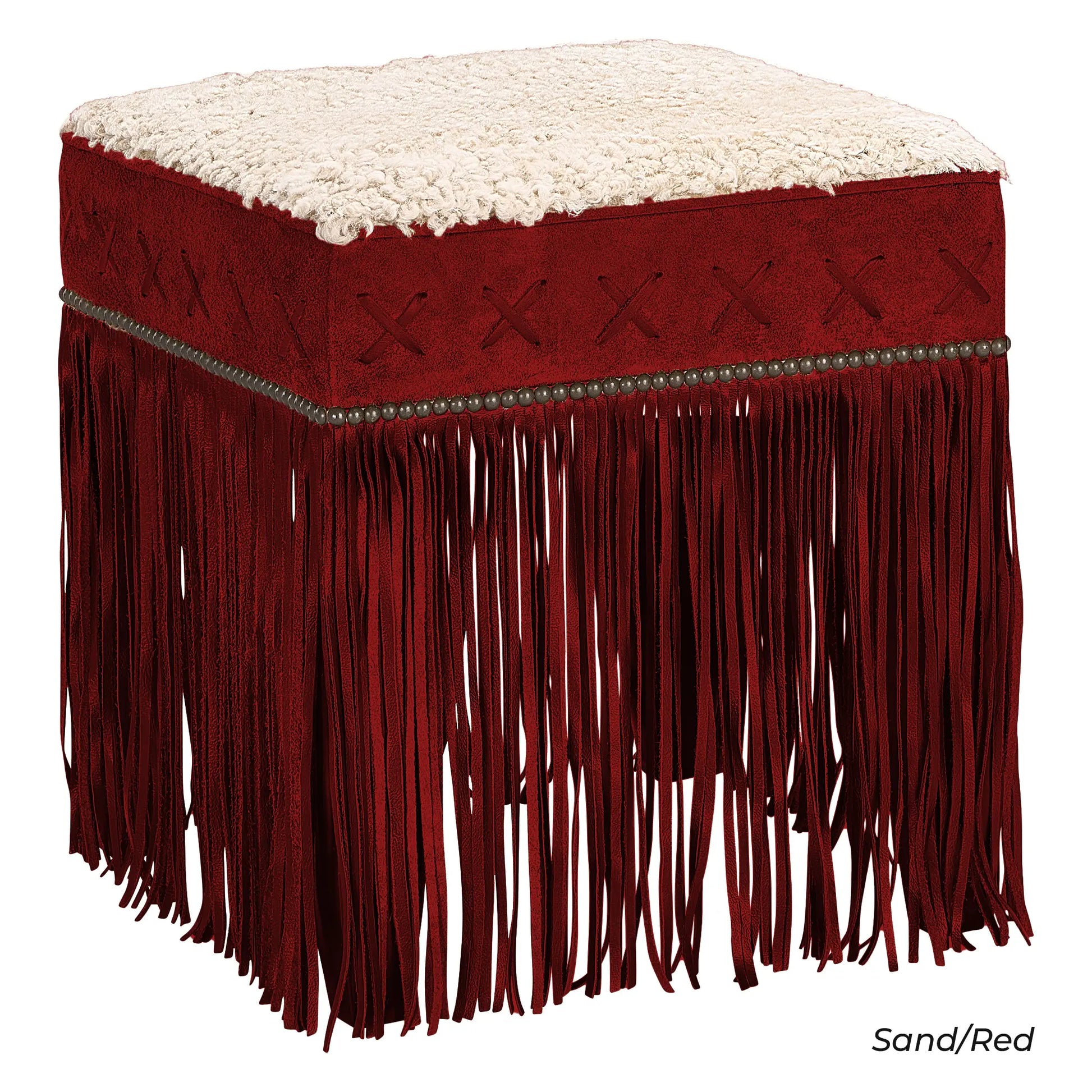 Canyon Ridge Ottoman in Sand sheepskin, Red Leather details, leather fringe detail, handcrafted in America by Old Hickory Tannery, UNAPOLOGETIC LUXE LIVING