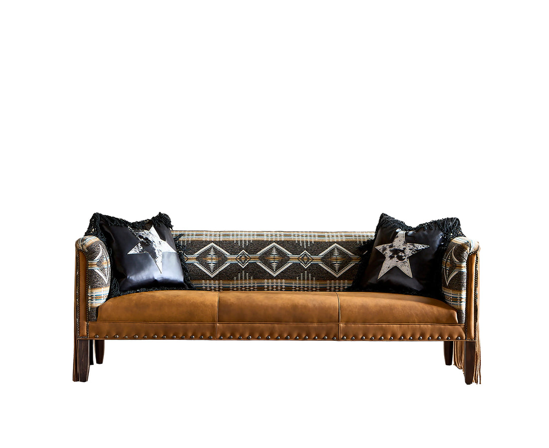 Canyon Ridge Sofa in Goldenrod Leather, and western styled upholstery, with leather fringe detail, handcrafted in America by Old Hickory Tannery