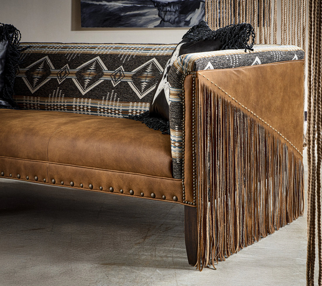 Canyon Ridge Sofa in Goldenrod Leather, and western styled upholstery, with leather fringe detail, handcrafted in America by Old Hickory Tannery