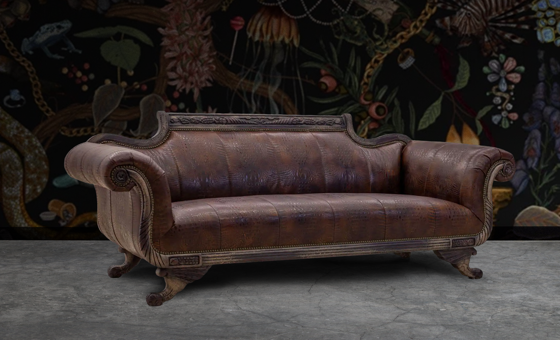 Coco Gator sofa in embossed gator leather with Duncan Phyfe styling, handcrafted in the USA, Old Hickory Tannery, Unapologetic Luxe Living