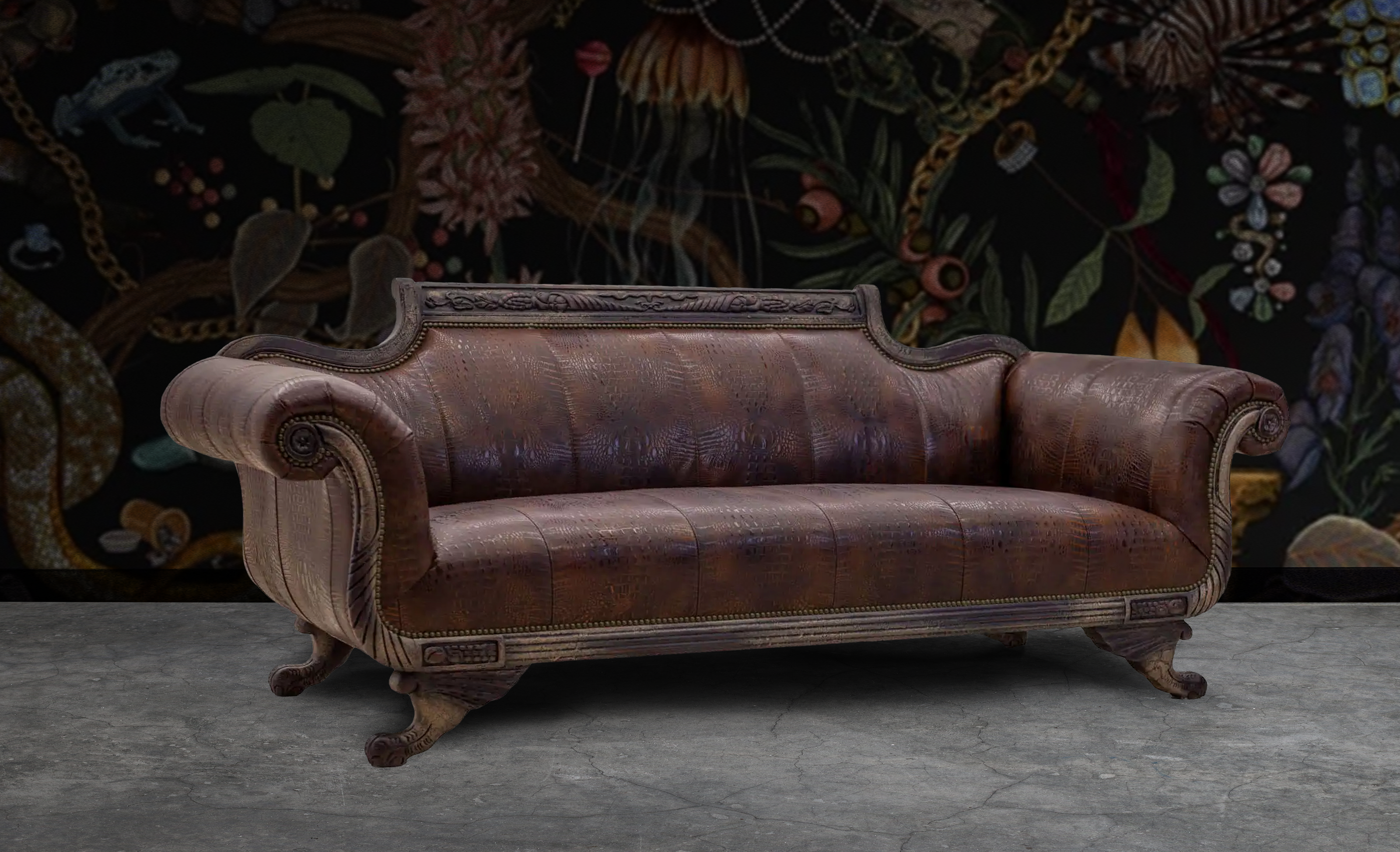 Coco Gator sofa styled in a traditional living room with vintage Western decor