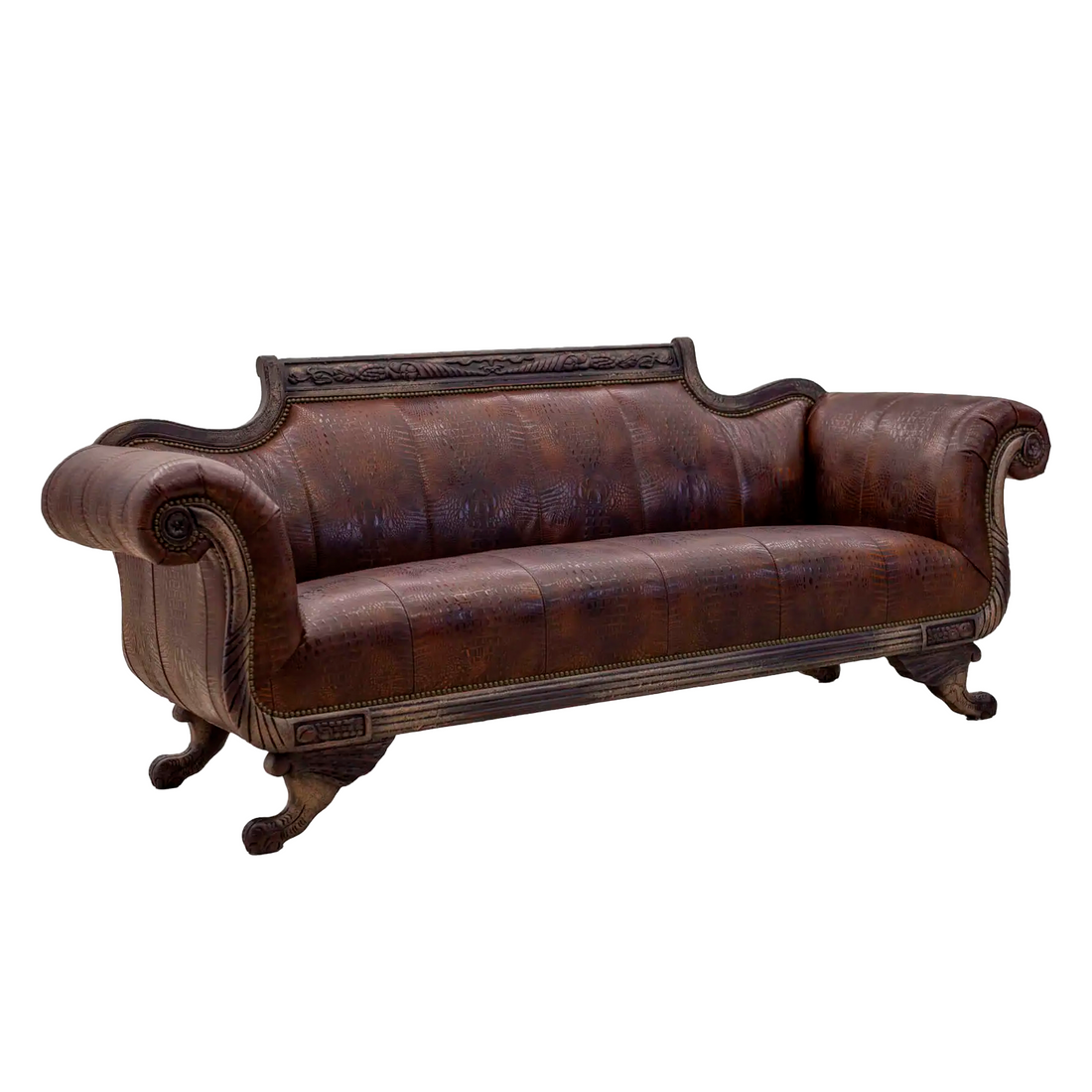 Coco Gator sofa in embossed gator leather with Duncan Phyfe styling, handcrafted in the USA, Old Hickory Tannery, Unapologetic Luxe Living