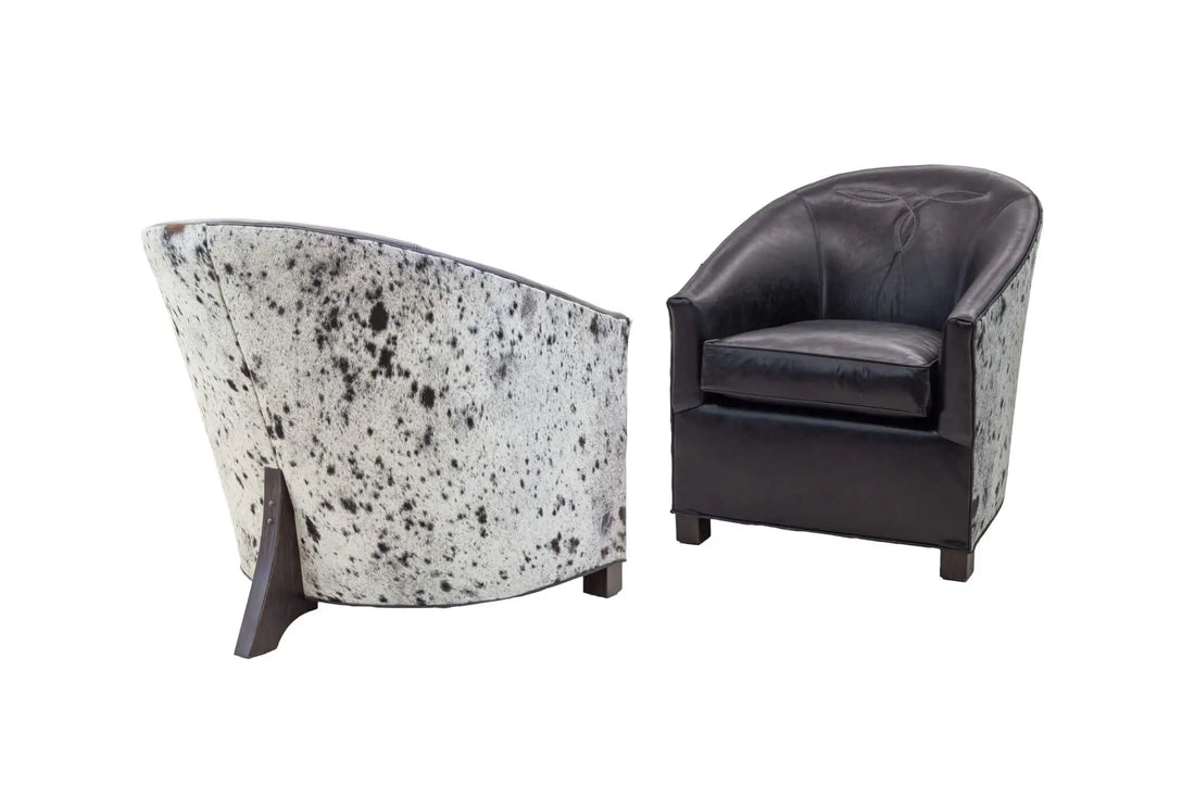 High Roller chair shown in back view with black and white speckled hair-on-hide back panel
