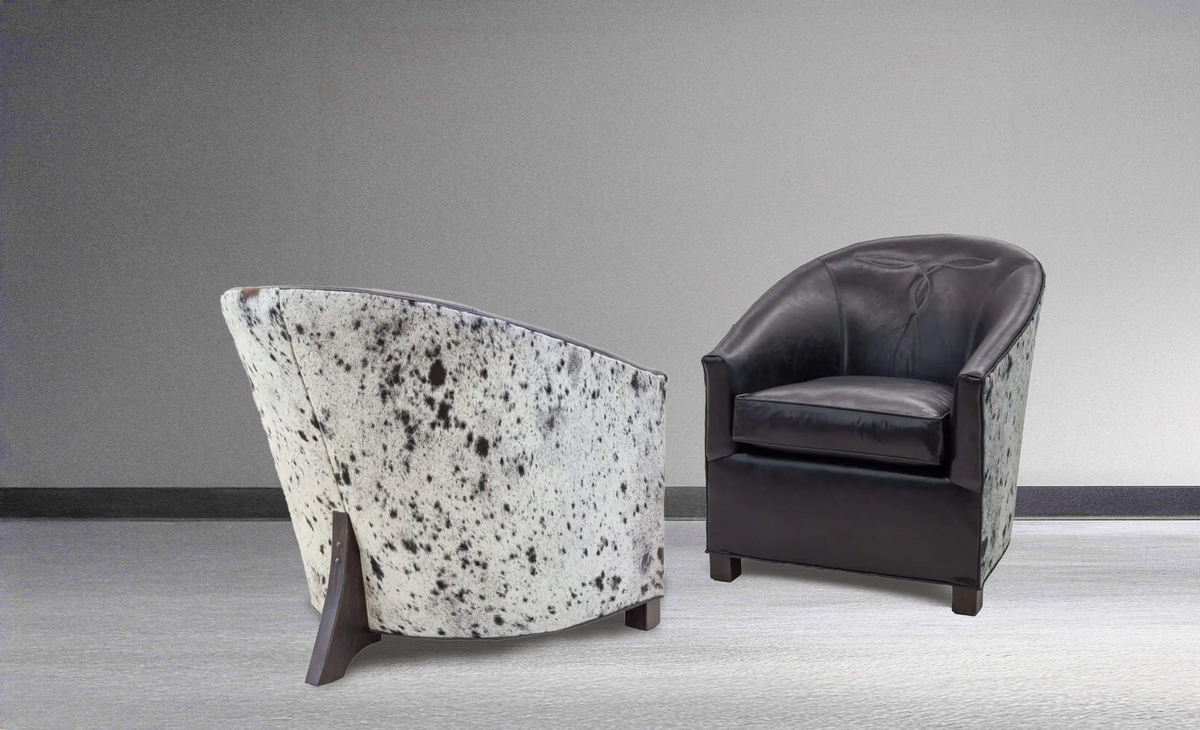 High Roller chair shown in front and back view with black leather seat and stitching detail, and black and white speckled hair-on-hide back panel
