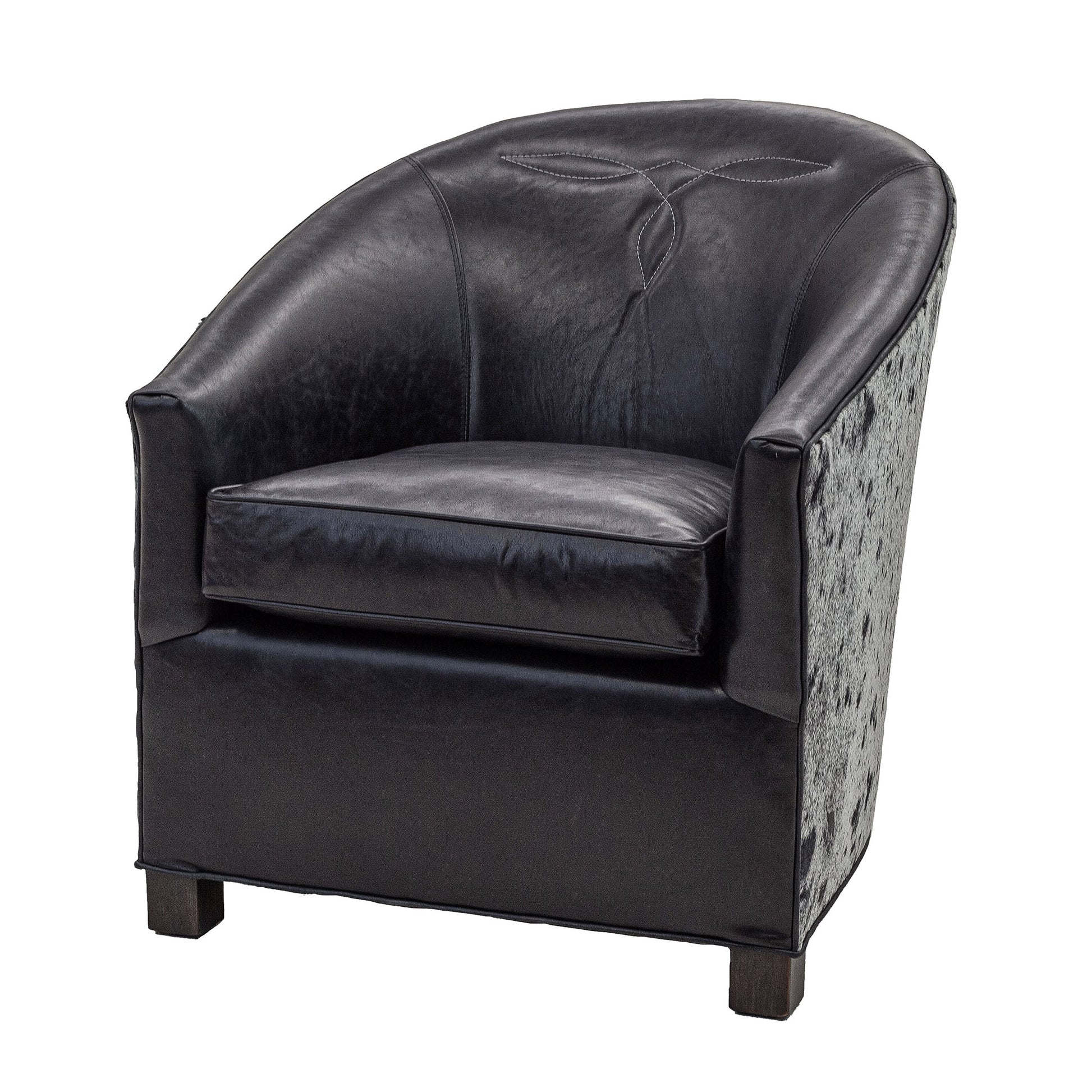 High Roller chair shown in front  view with black leather seat and stitching detail, and black and white speckled hair-on-hide on sides
