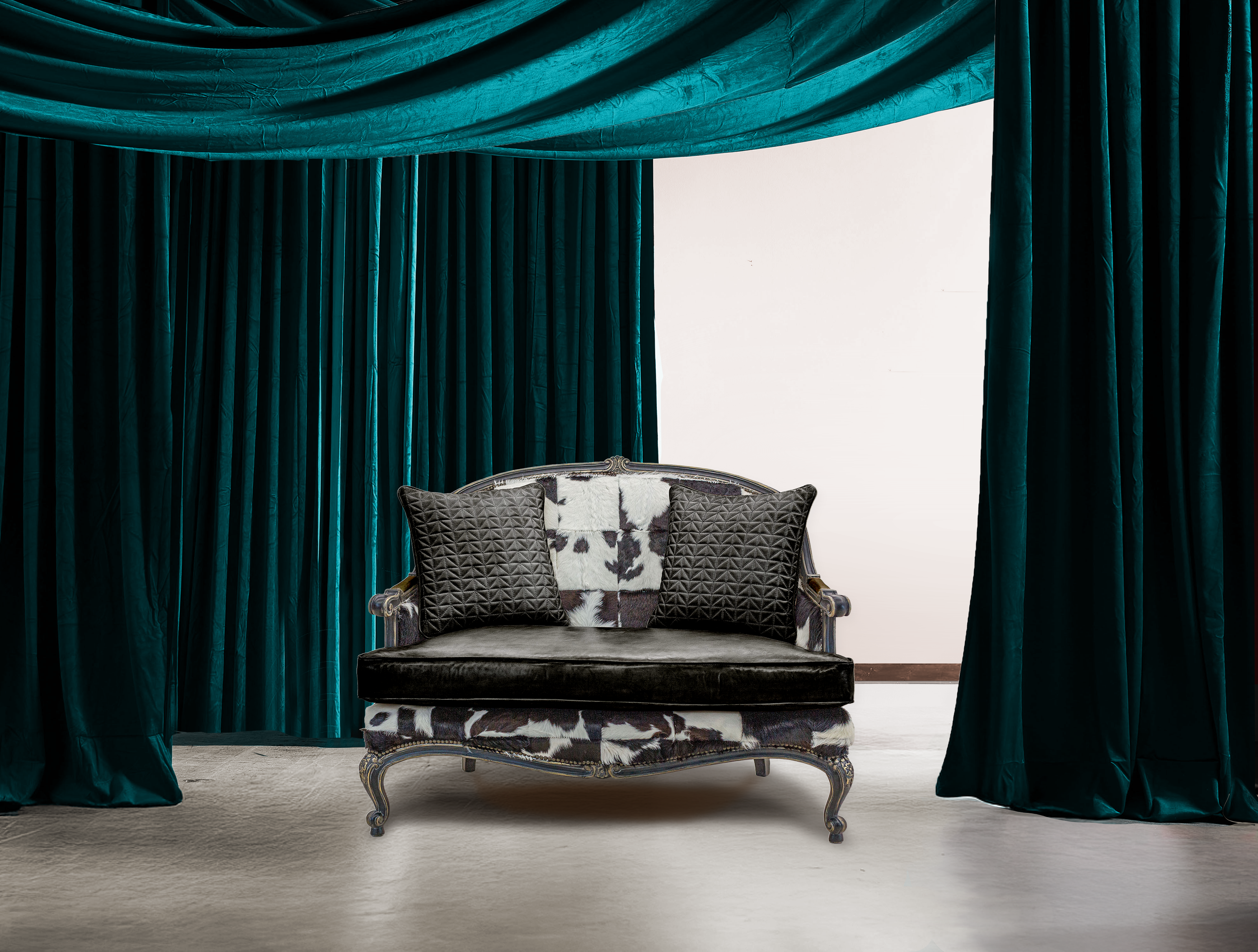 Majestic Bergere Chair in Black Leather, and black and white hair on hide, handcrafted in America by Old Hickory Tannery