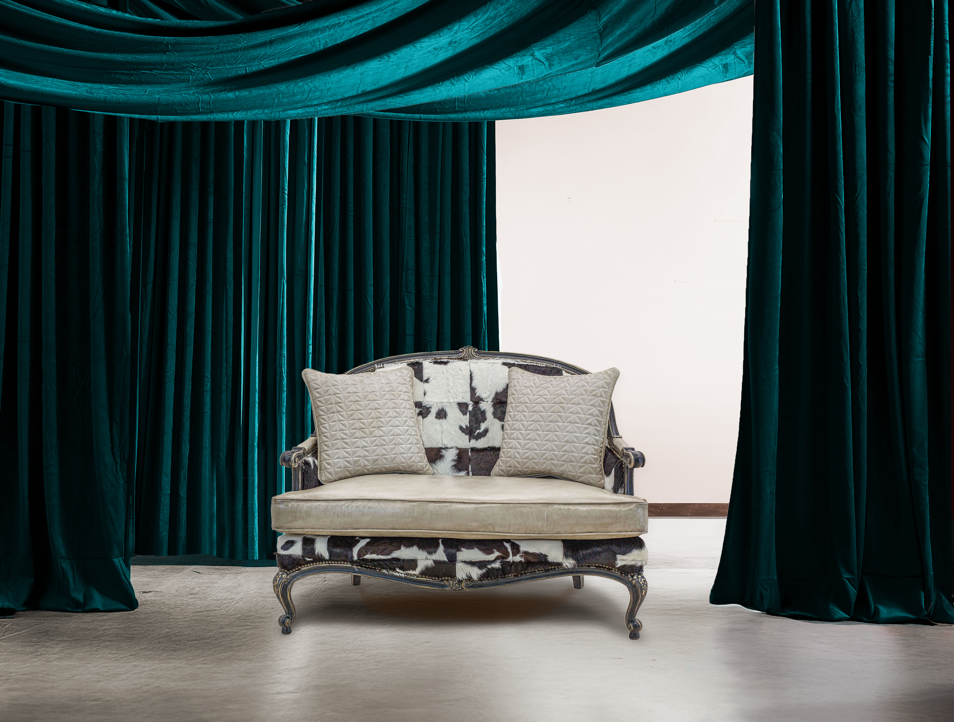 Majestic Bergere Chair in Ivory Leather, and black and white hair on hide, handcrafted in America by Old Hickory Tannery

