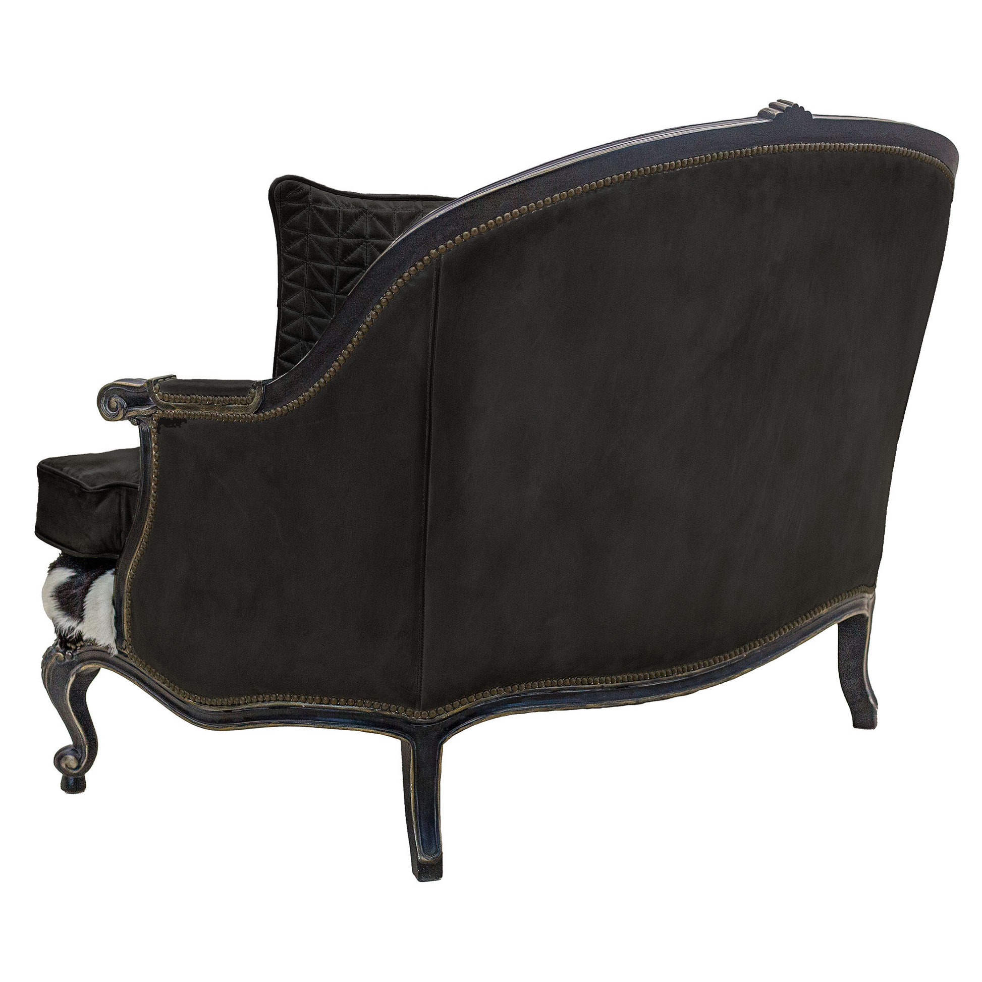 Majestic Bergere Black in Black Leather, and black and white hair on hide, handcrafted in America by Old Hickory Tannery, UNAPOLOGETIC LUXE LIVING