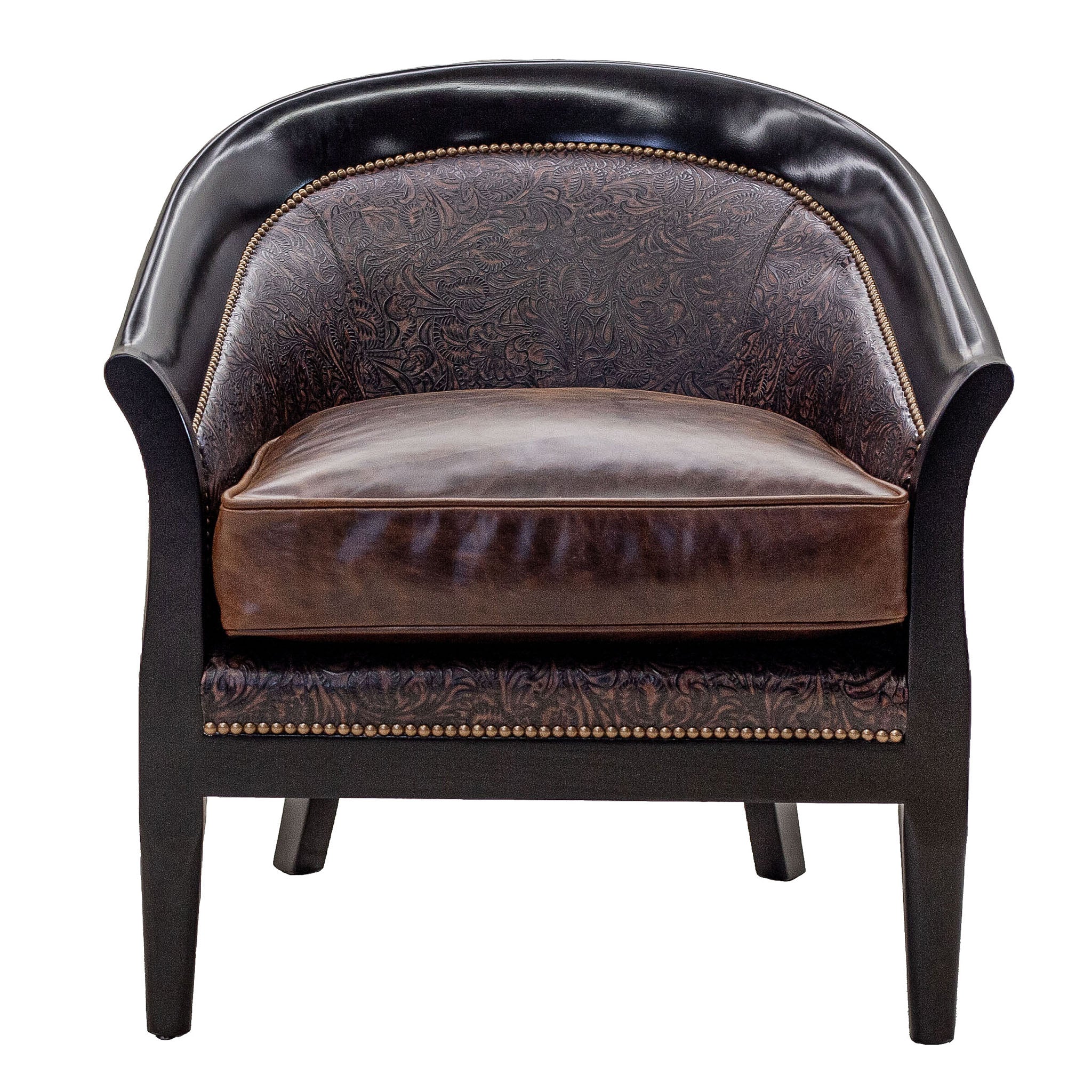 Sebastian chair in full-grain leather with embossed detailing on arms and back, pull-up leather seat, and hand-laced accents, handcrafted in America