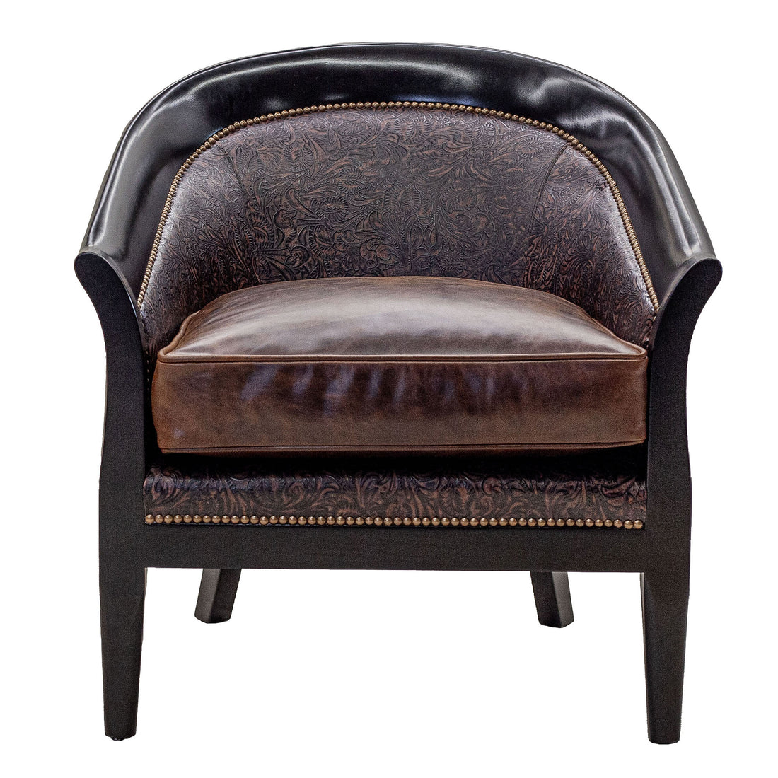 Sebastian chair in full-grain leather with embossed detailing on arms and back, pull-up leather seat, and hand-laced accents, handcrafted in America