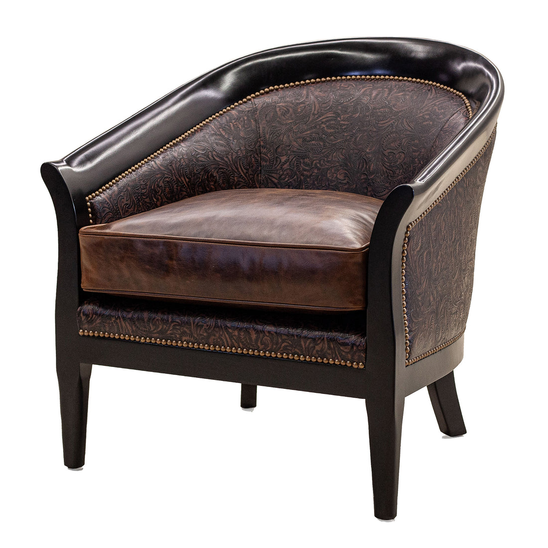 Sebastian chair in full-grain leather with embossed detailing on arms and back, pull-up leather seat, and hand-laced accents, handcrafted in America