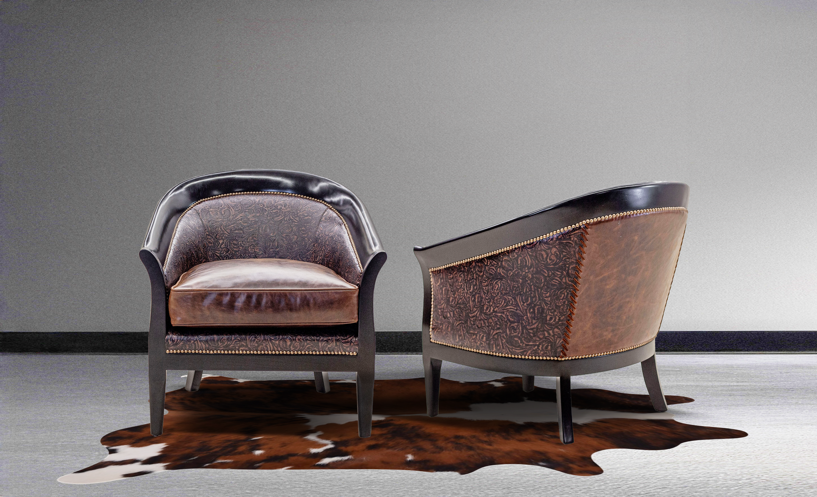 Sebastian Chair featuring embossed tooled leather, brass nail heads and whip stitch detail on back, handcrafted in America by Old Hickory Tannery