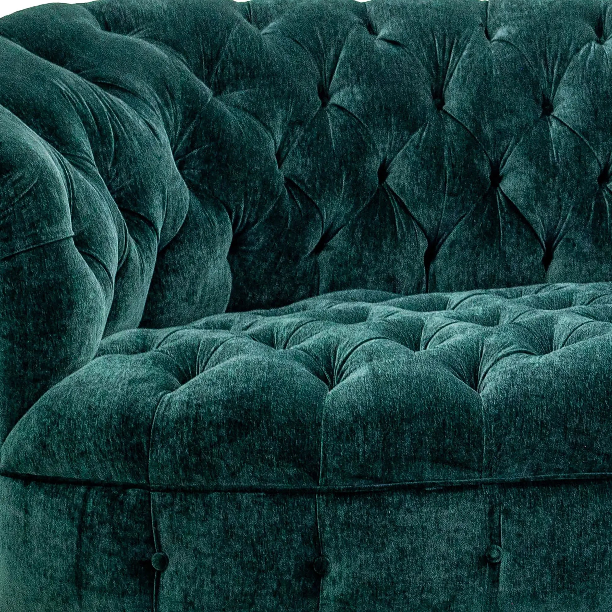 Close up detail shot of the Valentina sofa with tufted chenille in Hunter, green, handcrafted in America by Old Hickory Tannery