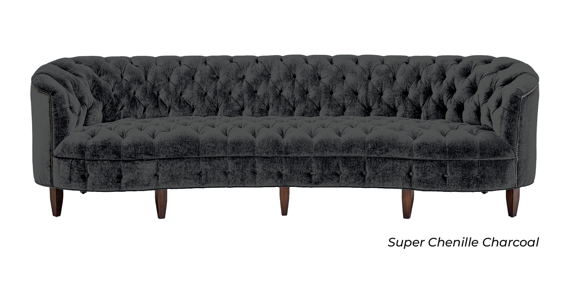 Valentina tufted chenille sofa in charcoal, gray, handcrafted in America by Old Hickory Tannery
