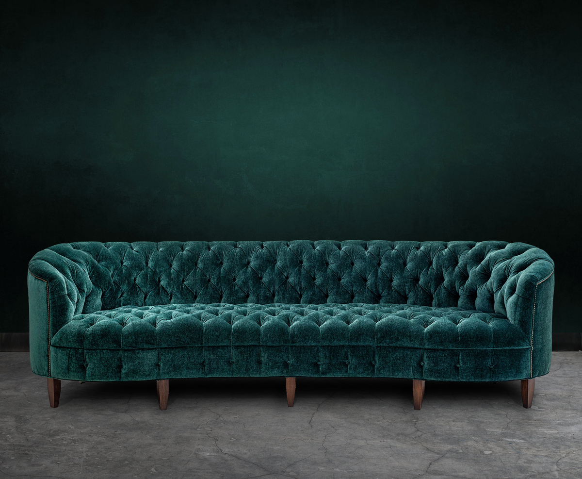 Valentina tufted chenille sofa in Hunter, handcrafted in America by Old Hickory Tannery